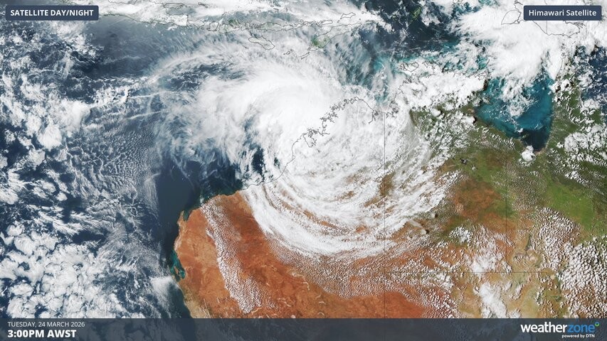 Image: Visible satellite image showing Ex-Tropical Cyclone Narelle on Tuesday afternoon. Source: Weatherzone.