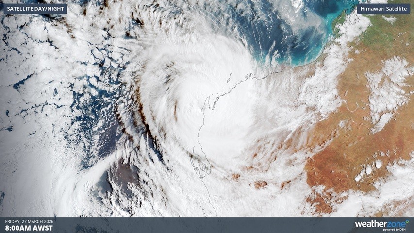 Image: Visible satellite image showing Severe Tropical Cyclone Narelle near Exmouth on Friday morning. Source: Weatherzone.