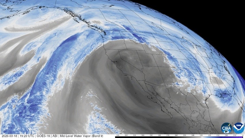 Image: Water vapor image from March 18, showing a northward loop of the jet stream around an intense high pressure across the Southwest. Source: NOAA.