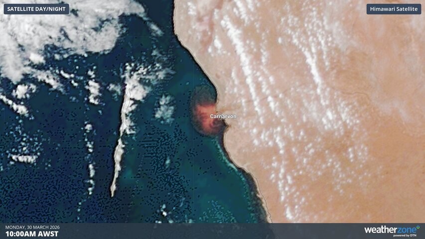 Image: Muddied floodwater can be seen flowing into the Indian Ocean on Monday, March 30, 2026. Source: Weatherzone.