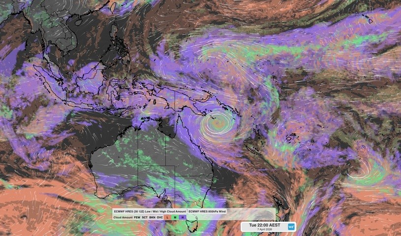 Image: Modelled cloud cover and 850 hPa wind on Tuesday, April 7, 2026. Source: Weatherzone.