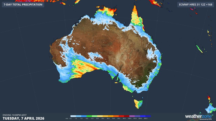 Image: Accumulated rainfall around Australia up until the evening of Tuesday, April 7, 2026, according to the ECMWF model. Source: Weatherzone