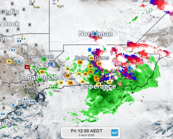 Image: Big rainfall from storms surrounded by very little. Source: Weatherzone