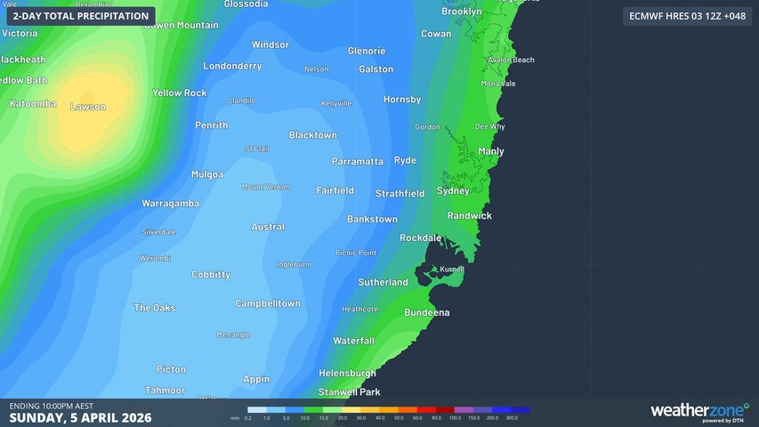 Image: Accumulated rainfall to Sunday 10pm, April 5, 2026 (5-20mm), according to the ECMWF model. Source: Weatherzone. Source: Weatherzone