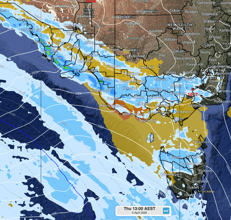 Image: Mean sea level pressure, ECMWF 3-hourly rainfall and GFS thunderstorm forecast for 1pm EST Thursday 9th April 2026. Source: Weatherzone