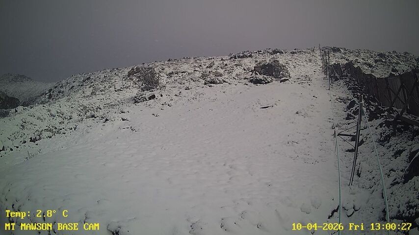 Image: A moody, snowy afternoon at Mt Mawson in Tasmania on Friday April 10, 2026. Source: Mt Mawson