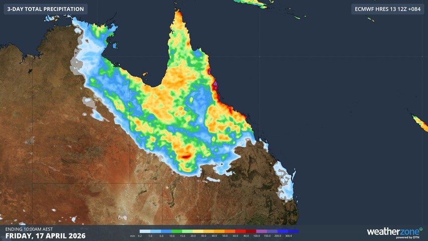 Image: Predicted rainfall for Queensland up until the evening of Friday, April 17, according to the ECMWF model. Source: Weatherzone