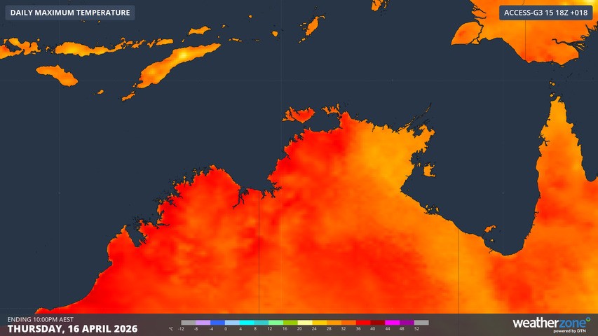 Image: Unusually warm maximums of 36°C or slightly higher (indicated by red) are forecast today in parts of the Top End. Source: Weatherzone