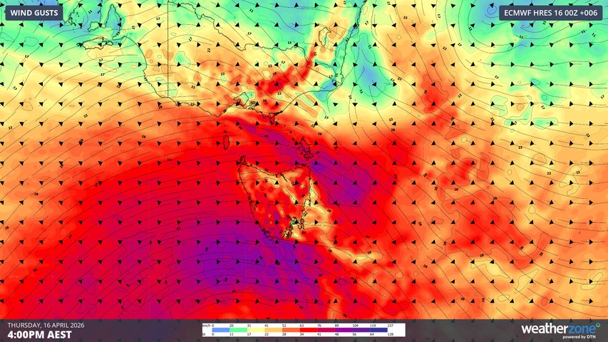 Image: Wind gusts across Tasmania and nearby waters at 4pm on Thursday, April 16, 2026.. Source: Weatherzone