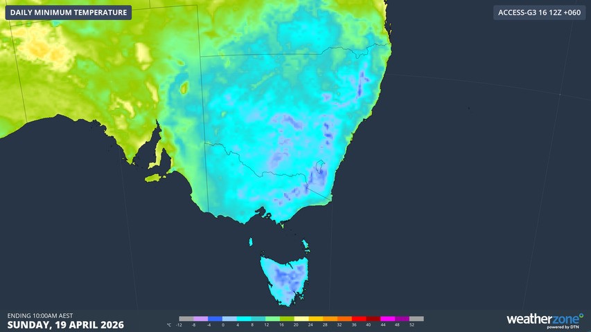 Image: Predicted minimum temperatures for SE Australia on Sunday, April 19, 2026, according to the ACCESS-G model. Source: Weatherzone