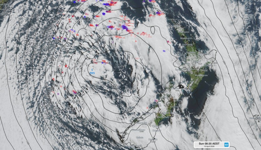Image: Satellite imagery showing the complex low to the west of NZ on Sunday morning.. Source: Weatherzone