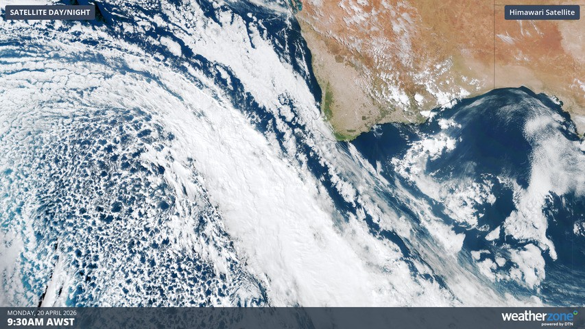 Image: Satellite image showing the cold front approaching southwest WA on April 20, 2026. Source: Weatherzone