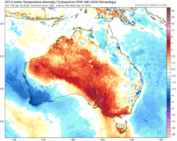 Image: Temperature anomalies for Australia at 10am (AEST) on Wednesday, April 22, 2026. Source: Tropical Tidbits
