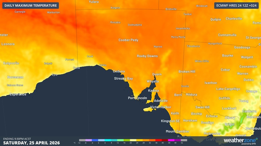 Image: Predicted maximum temperatures for 25 April, 2026, according to the ECMWF model. Source: Weatherzone.