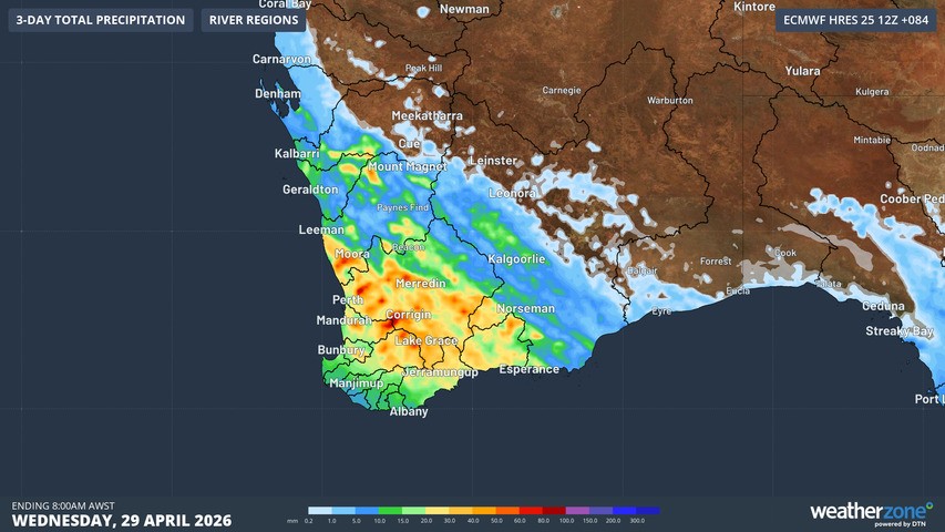 Image: Predicted rainfall to 8am Wednesday, 29 April 2026, according to the ECMWF model. Source: Weatherzone.
