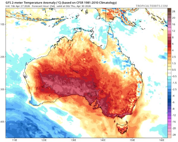 Image: Temperature anomalies across Australia on Thursday, April 30, 2026. Source: Tropical Tidbits