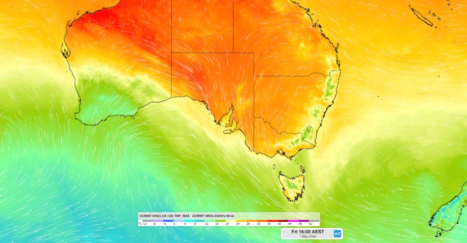 Image: Temperatures and streamlines showing wind direction at 4pm (AEST) on Friday, May 1, 2026. Source: Weatherzone