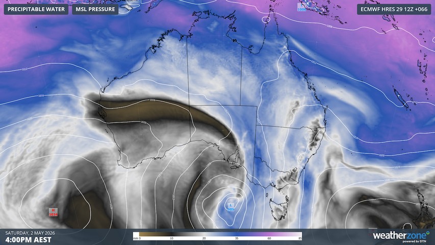 Image: Precipitable water and mean sea level pressure on Saturday, May 2, 2026. Source: Weatherzone.