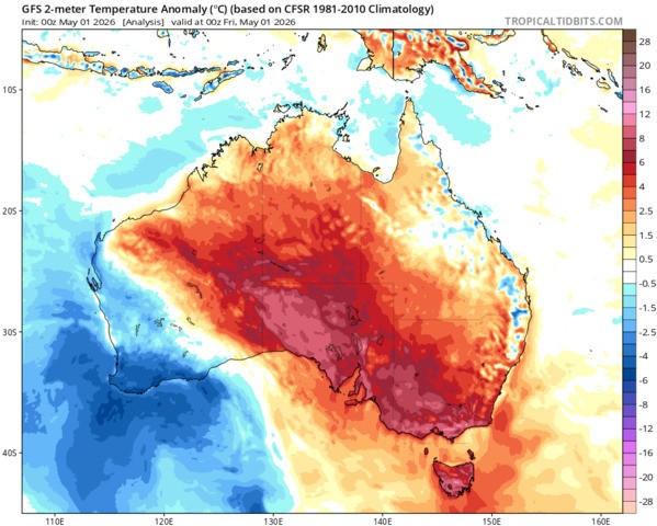 Image: Temperature anomalies for Australia on Friday, May 1, 2026. Source: Tropical Tidbits