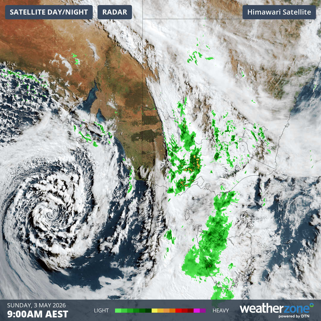 Image: Satellite and radar imagery showing a powerful low pressure system, cold front and trough sweeping across southeast Australia at 9 am AEST on Sunday, 3rd May. Source: Weatherzone
