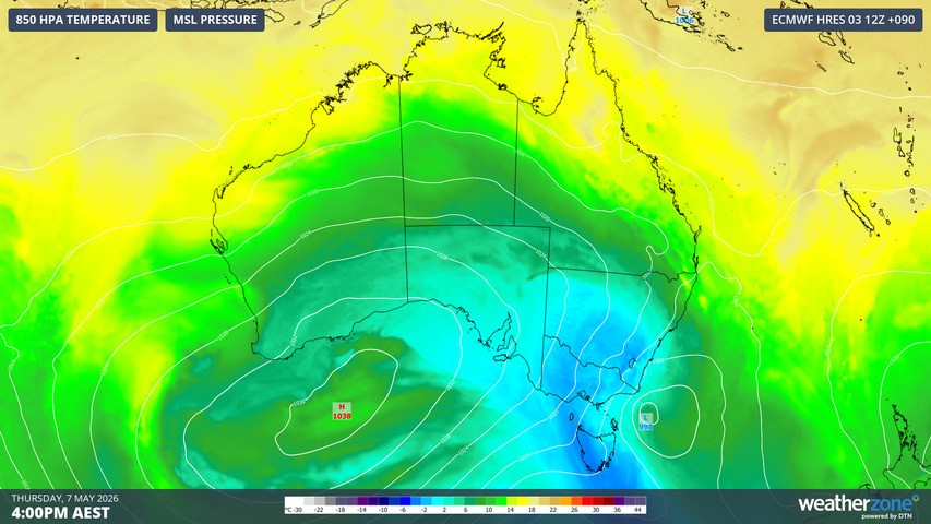 Image: Mean sea level pressure and 850hpa temperatures for Australia on Thursday, May 7, 2026. Source: Weatherzone