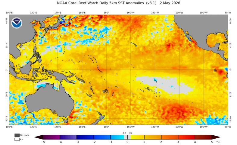Image: Sea surface temperature anomalies in the Pacific Ocean on May 2, 2026. Source: NOAA.