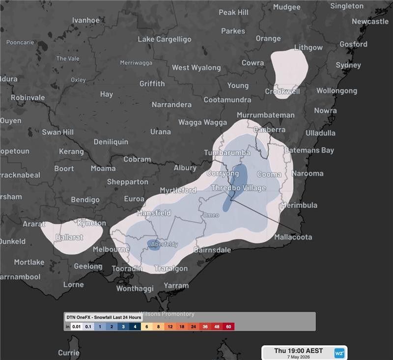 Image: Thursday's snowfalls are expected in a wide arc of elevated ground between Melbourne and Sydney. Source: Weatherzone