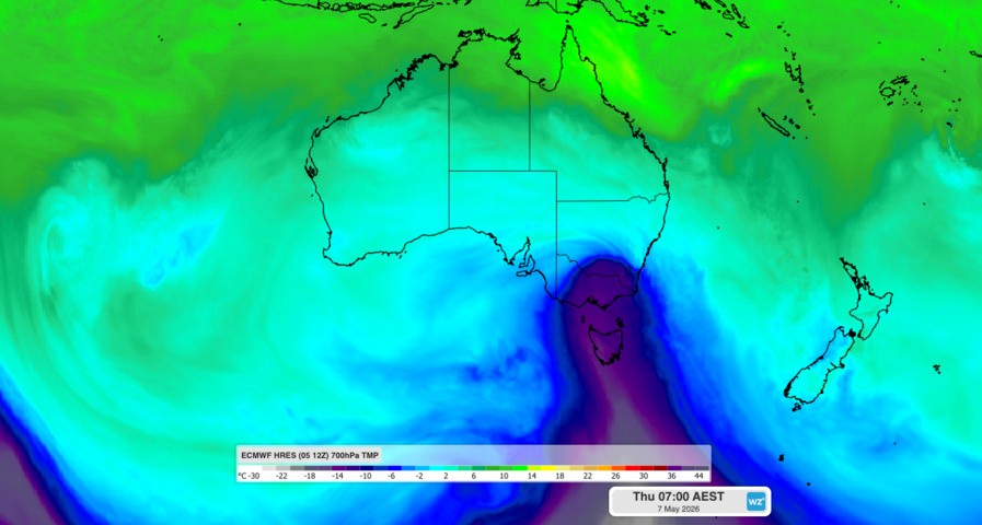 Image: 700 hPa air temperature on Thursday morning, showing cold air over southeastern Australia. Source: Weatherzone.