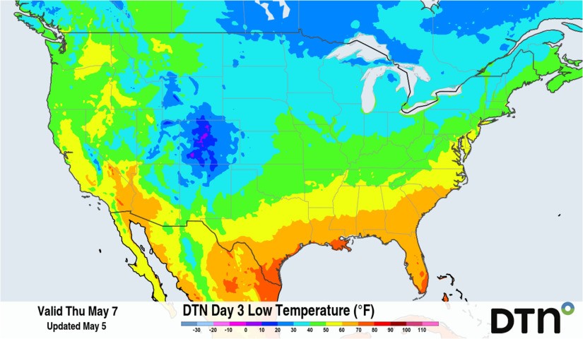 Image: Thursday, May 7, has chances for frosty temperatures as far south as the Central Plains and Midwest. Source: DTN.