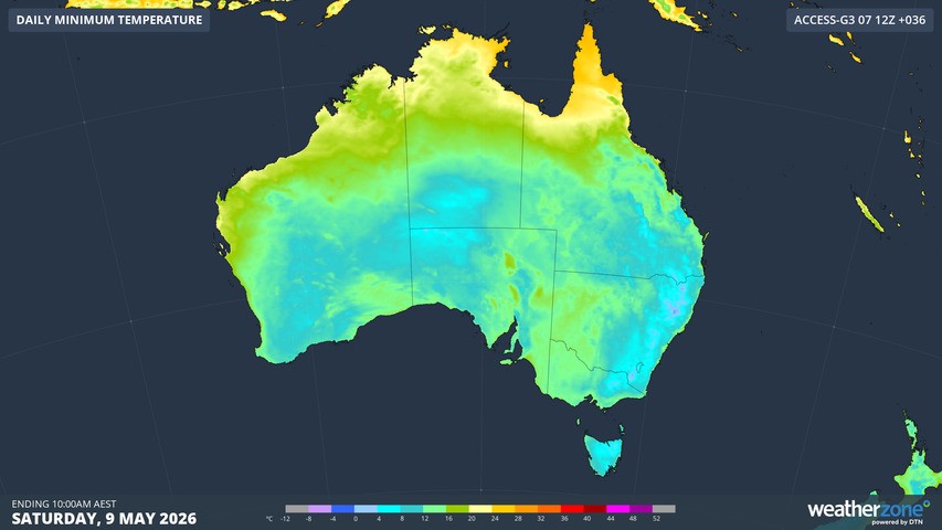 Image: Australian minimum temperatures for Saturday, May 9, 2026, according to the ACCESS-G model. Source: Weatherzone