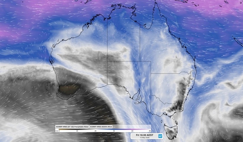 Image: Modelled precipitable water and 850 hpa wind at 4pm AEST on Friday, May 15, 2026. Source: Weatherzone.