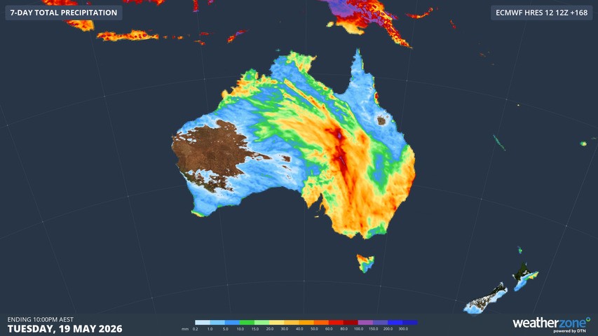 Image: Predicted rainfall across Australia by next Tuesday, May 19, 2026, according to the ECMWF model. Source: Weatherzone