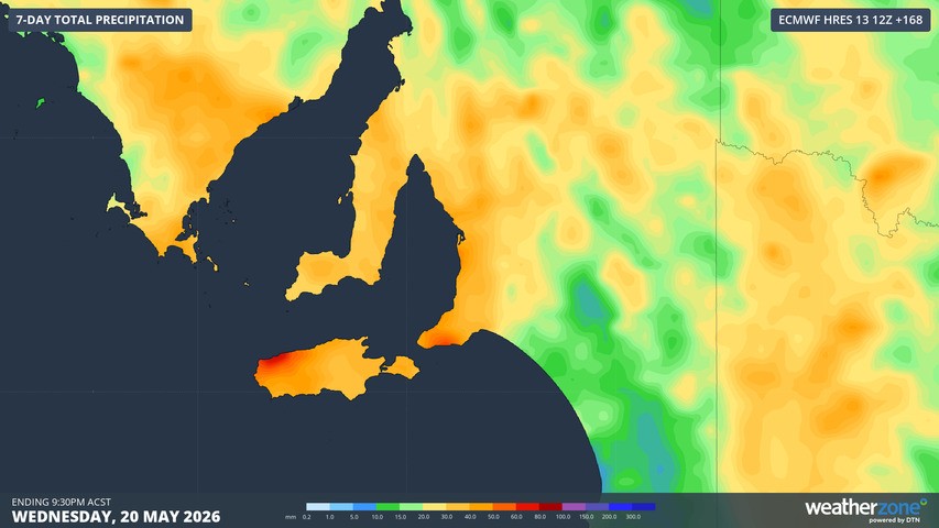 Image: Accumulated rainfall in Adelaide and nearby parts of SA until Wednesday, May 20, 2026, according to the ECMWF model. Source: Weatherzone