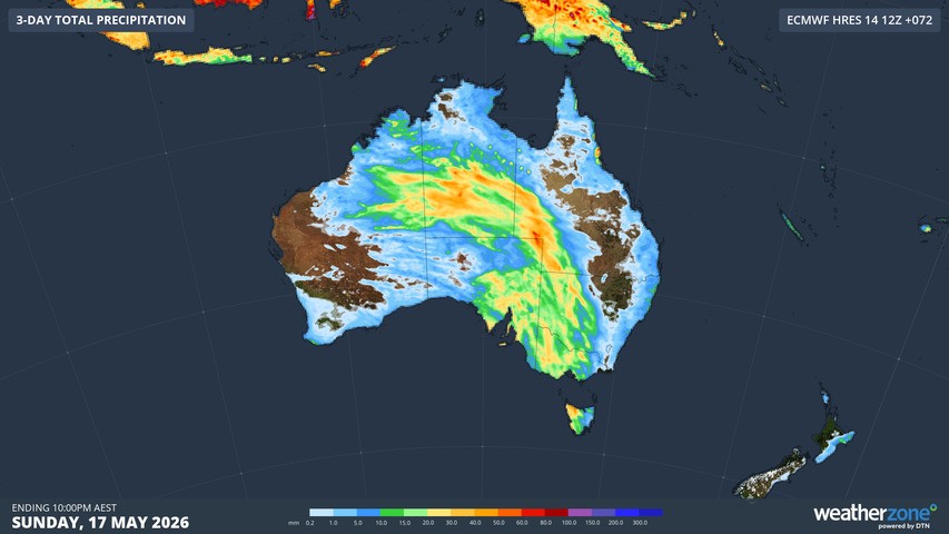 Image: Predicted rain across Australia until 10pm (AEST) Sunday, May 17, according to the ECMWF model. Source: Weatherzone