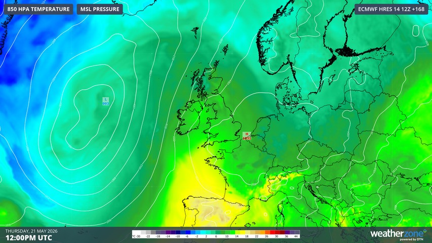 Image: 850 hPa temperature and mean sea level pressure on Thursday, May 21, 2026. Source: Weatherzone.