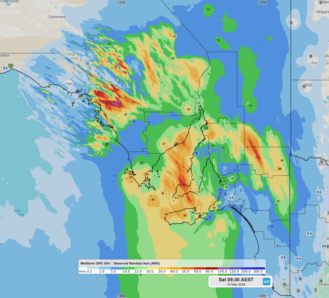 Image: Quantitative Precipitation Estimates (QPE) and rainfall observations in the 24 hours to 9am ACST across South Australia on Saturday, 16 May 2026. Source: DTN