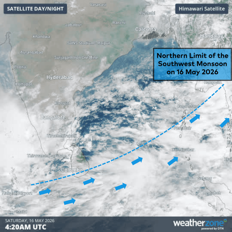 Image: Moisture laden monsoon clouds can be seen on satellite over the southern Bay of Bengal on Saturday, 16 May 2026. Source: Weatherzone