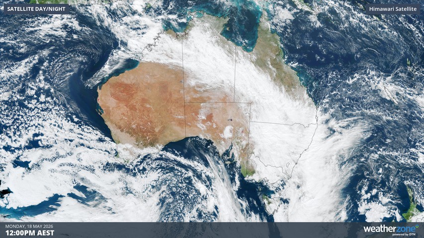 Image: The vast northwest cloudband across Australia at midday (AEST) on May 18, 2026. Source: Weatherzone