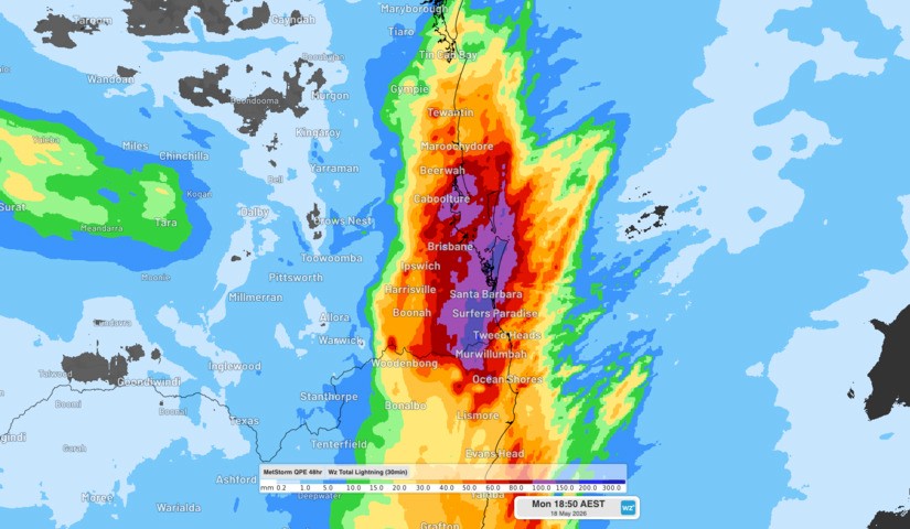 Image: Estimated rainfall over southeast Qld and northeast NSW during the 48 hours ending at 6:50 pm AEST on Monday, May 18, 2026. Source: Weatherzone.