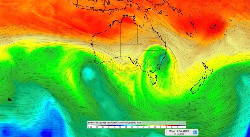 Image: 500 hpa temperature and wind at 4 pm AEST on Wednesday, May 27, 2026. Source: Weatherzone.