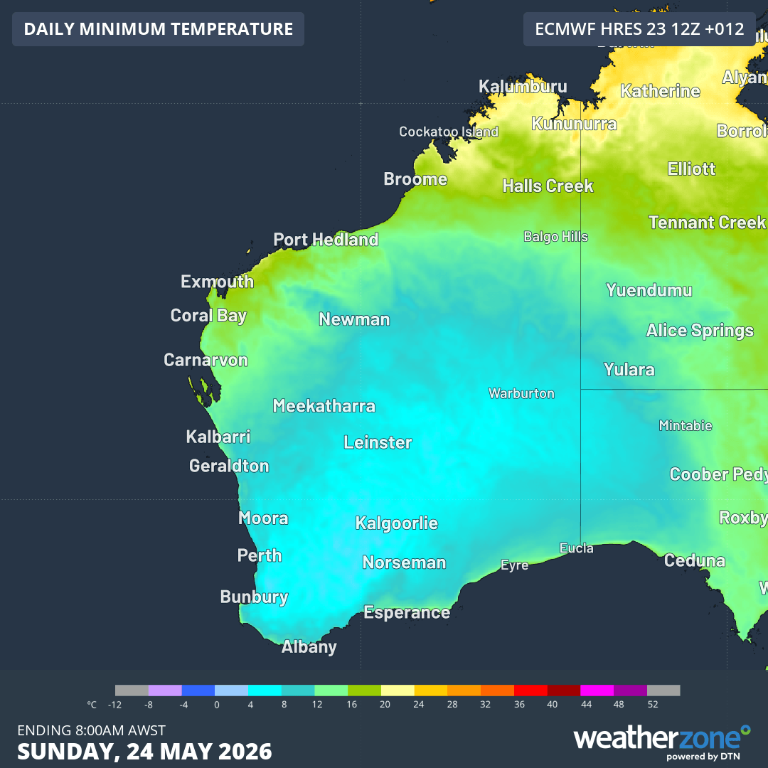 Image: Forecast minimum temperatures across WA on 24 May, 2026. Source: Weatherzone