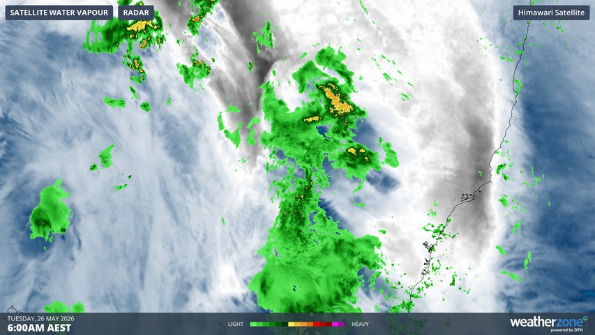 Image: Rain radar and atmospheric water vapour for the NSW Central West early on the morning of May 26, 2026. Source: Weatherzone