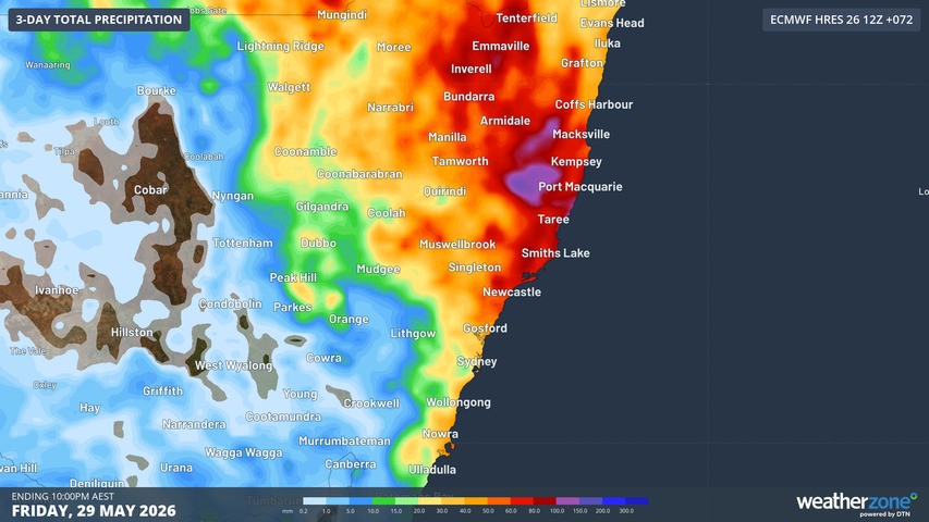 Image: Forecast accumulated rain in eastern NSW during the next three days. Source: Weatherzone.