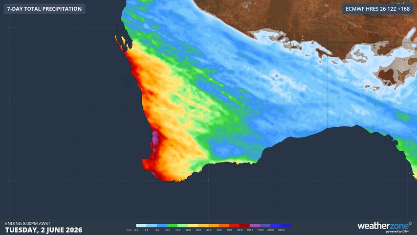 Image: Predicted rainfall accumulation across southwest WA to Tuesday, June 2, 2027, according to the ECMWF model. Source: Weatherzone