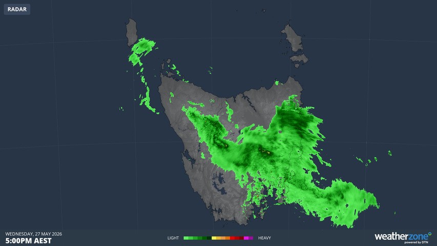 Image: Rain radar in Tasmania at 5pm (AEST) on Wednesday, May 27, 2026. Source: Weatherzone