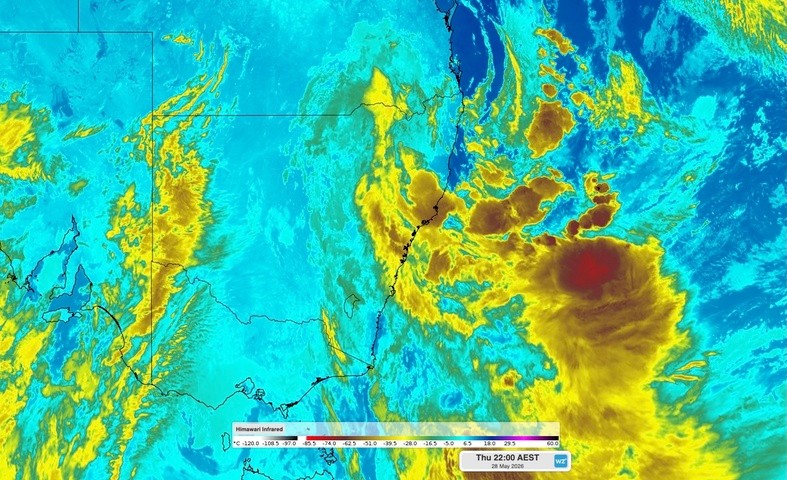 Image: Enhanced infrared satellite image showing thick rain-bearing clouds over NSW on Thursday, May 28, 2026. Source: Weatherzone.