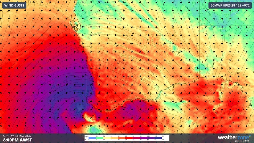 Image: Forecast wind gusts at 8pm (AWST) On Sunday, May 31, 2026, with blue areas indicating gusts around 100 km/h or stronger. Source: Weatherzone