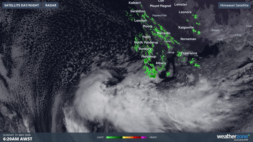 Image: Image: Bombing low southwest of WA on Sunday morning. Himawari visible satellite imagery with radar-derived precipitation overlaid. Source: Weatherzone