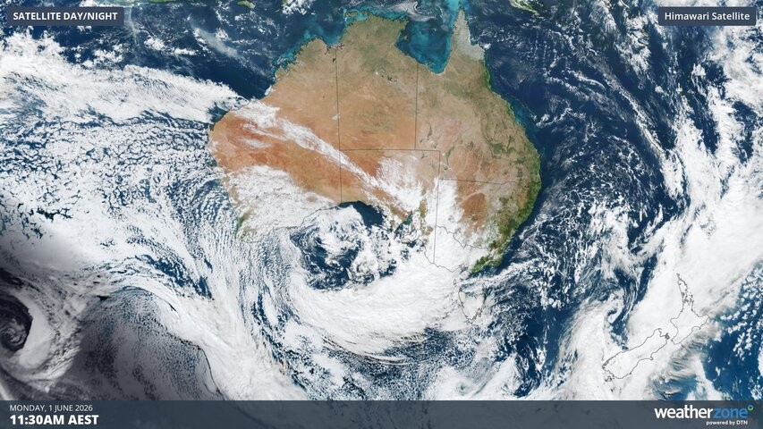 Image: Visible satellite image showing a large low pressure system to the south of Australia on Monday. Source: Weatherzone.