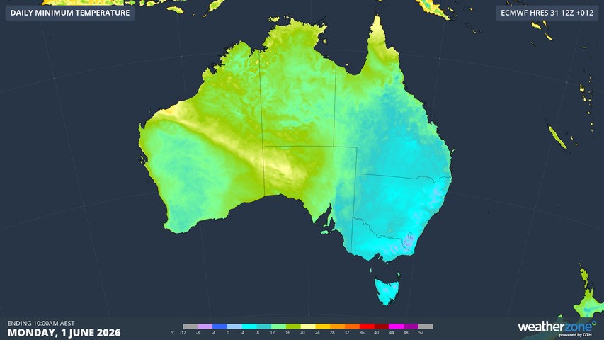 Image: Modelled minimum temperatures on June 1, 2026. Source: Weatherzone.